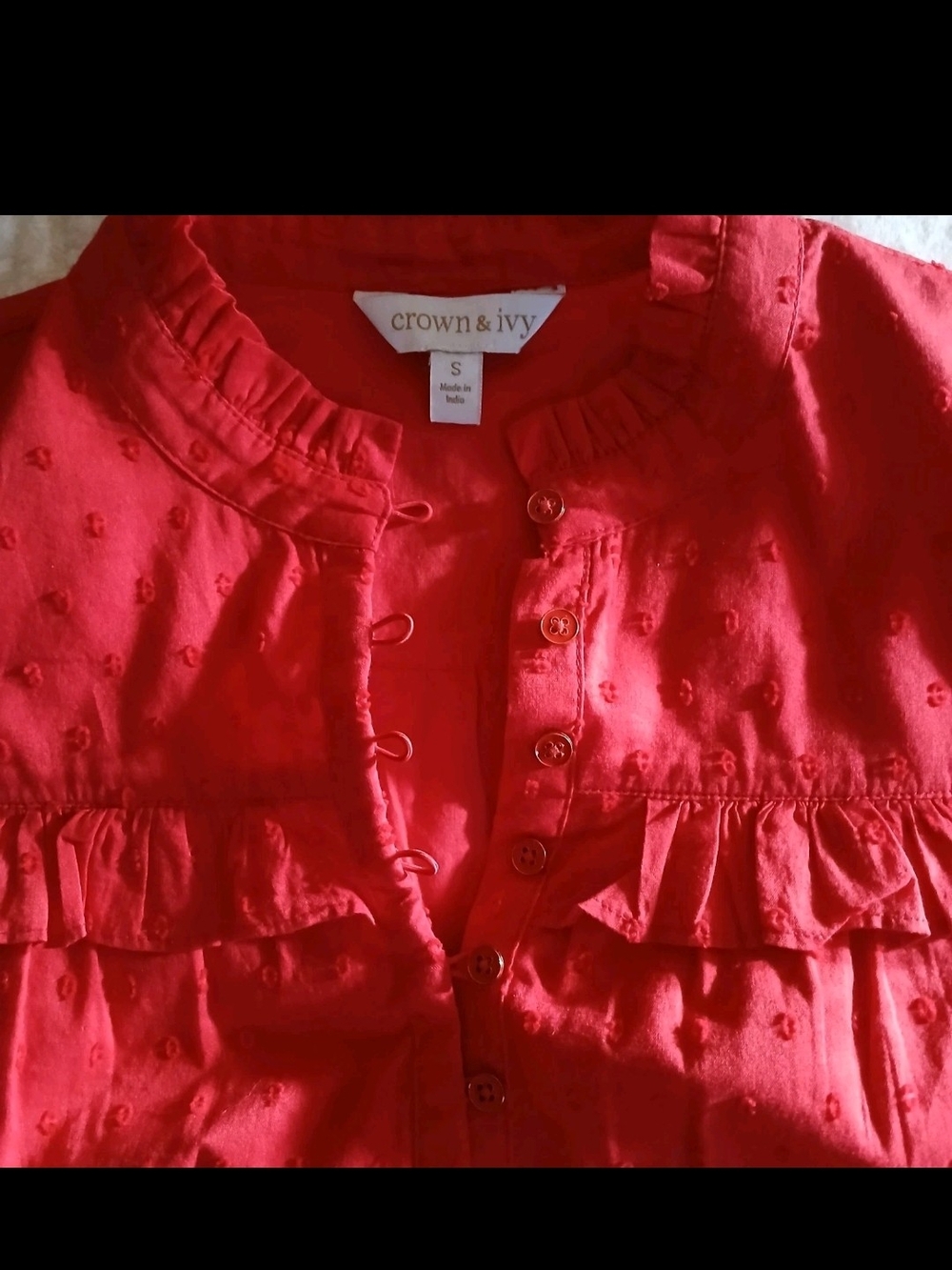 Crown & Ivy Red Ruffle-Front Top Button Blouse With Ruffle Neck And Sleeves - Picture 2 of 16